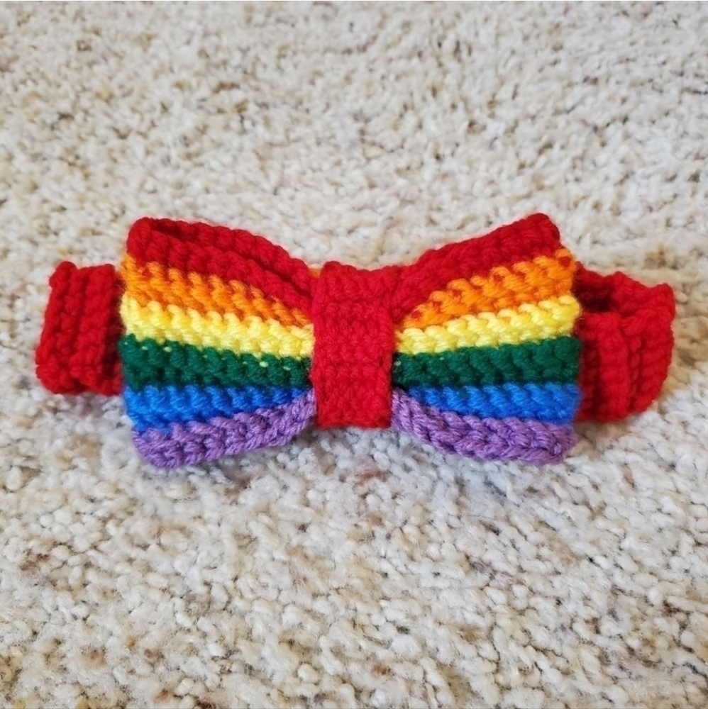 Rainbow bow tie Crochet. Hand made by me, listing for one, multi purpose crochet